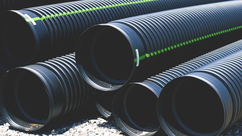 Stack of large black corrugated drain pipes on gravel